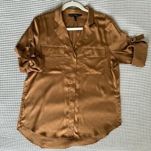 White House Black Market bronze satin shirt w/ rolled sleeve/pocket detail, Sz S